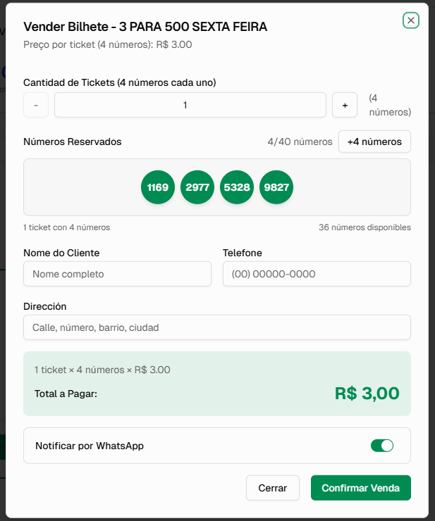 Interface de venda mostrando reserva de números, dados do cliente e confirmação de venda